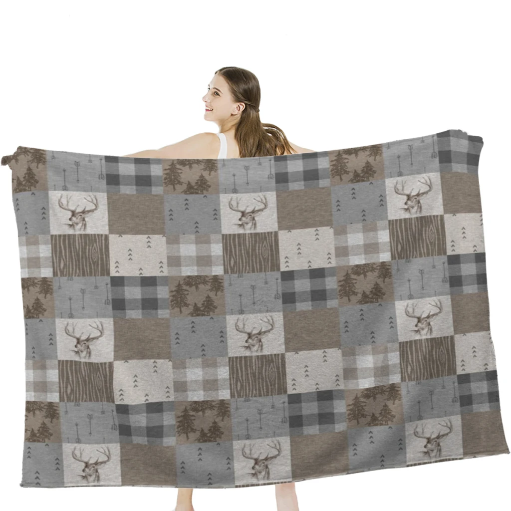 

Deer Patchwork - Rustic Neutrals Throw Blanket Soft Velvet Blanket Camping Bedding Blanket Cold Cinema or Travel