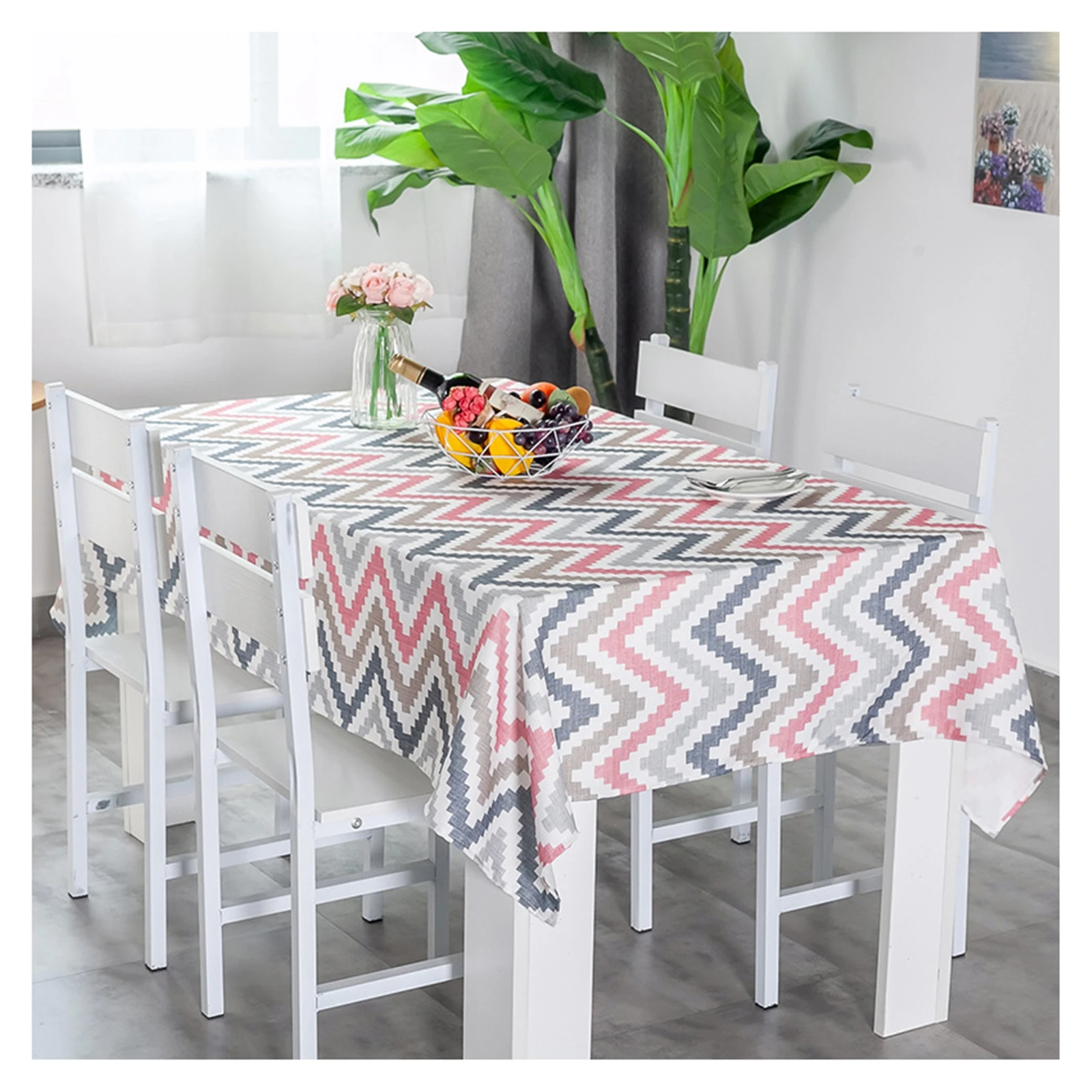 

Cotton Linen Tablecloths, Waterproof Table Covers Vertical Wave Pattern Pink Grey Dining Table Coffee Table Deco