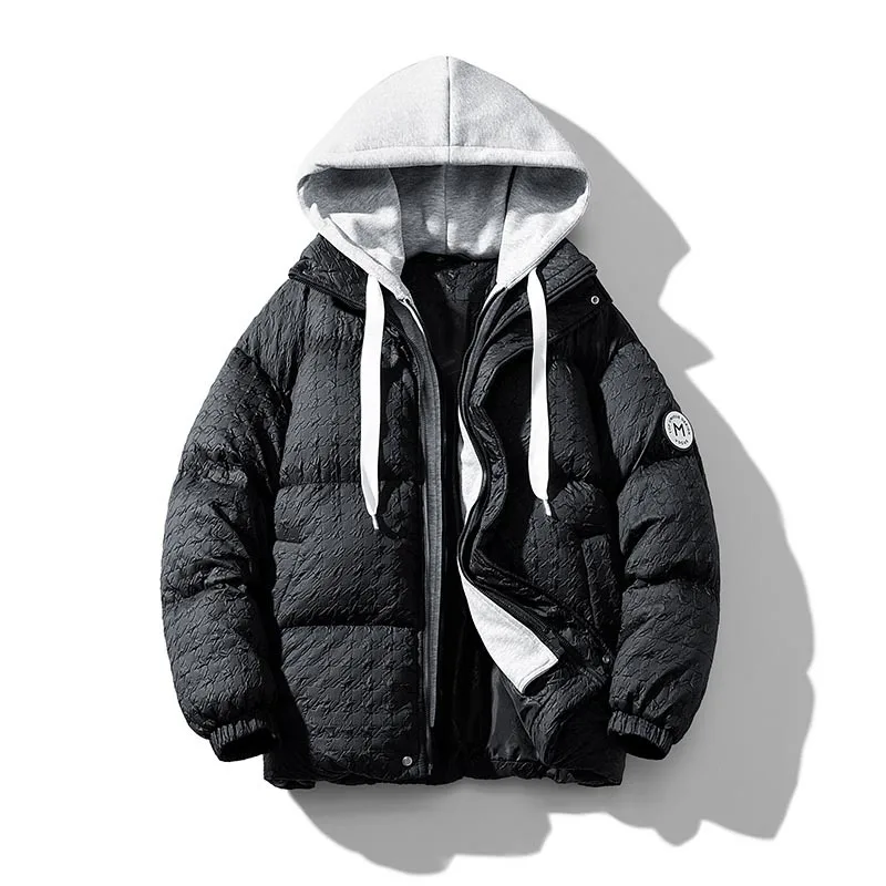 2022 Winter Nylon Shrink Thousand Bird Plaid Cotton Shirt Mens Fashion Double Layer False Two Piece Hooded Coats Men Clothing