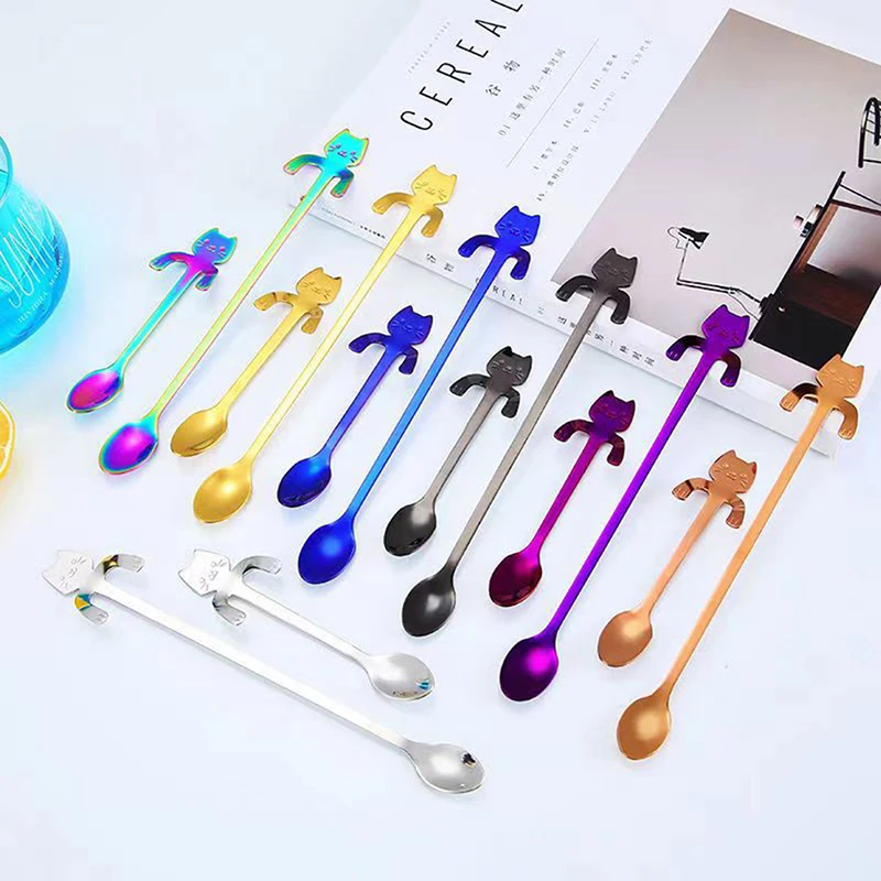 

1Pc 11.7cm 7-color Cute Cat Coffee Spoon Stainless Steel Spoon Children's Gift Kitchen Gadget Mug Accessories