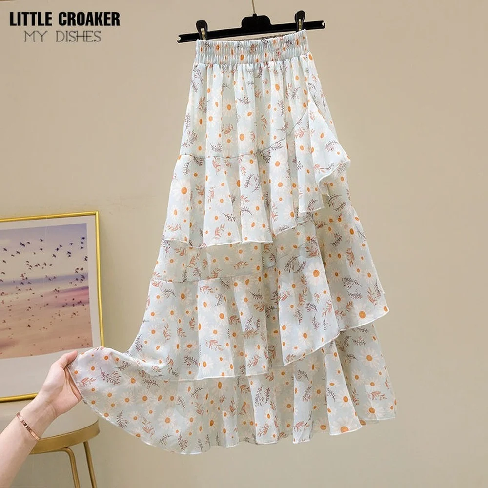 

Fashion Hot Sale Floral Asymmetrical Women New Summer 2022 Sweet Ruffled A-line Chiffon Long Skirt Woman Korean Clothing Gothic