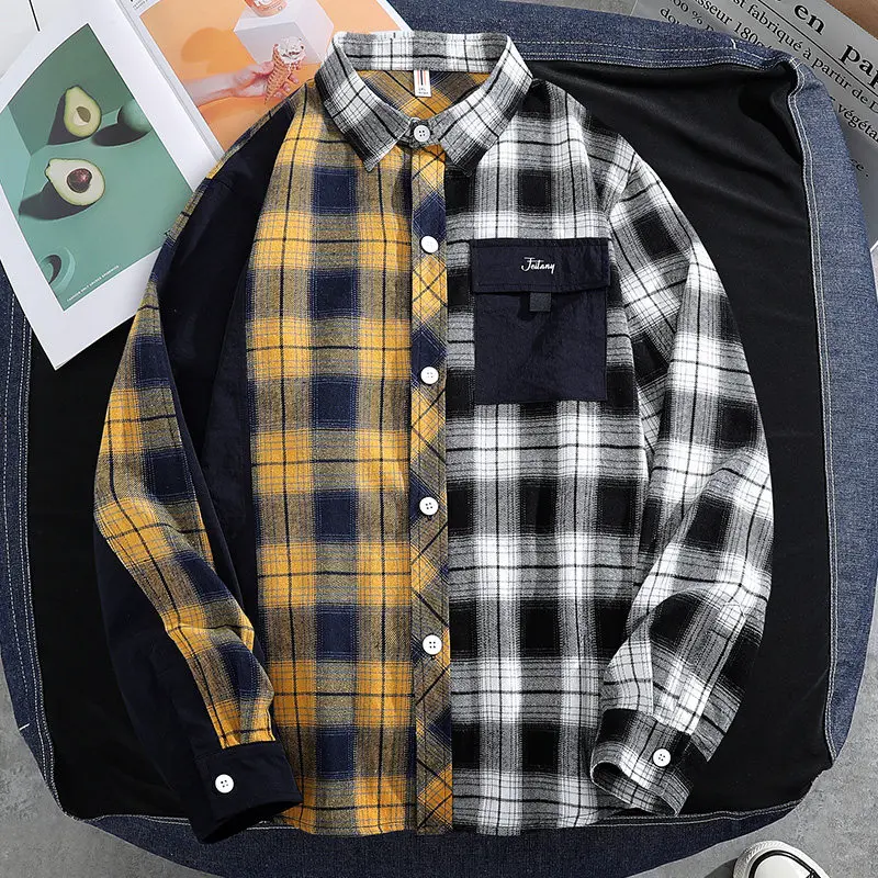 

Plaid Shirt Men's Spring2022New High-Grade Long-Sleeved Jacket Casual FashioninsTooling Bottoming Shirt