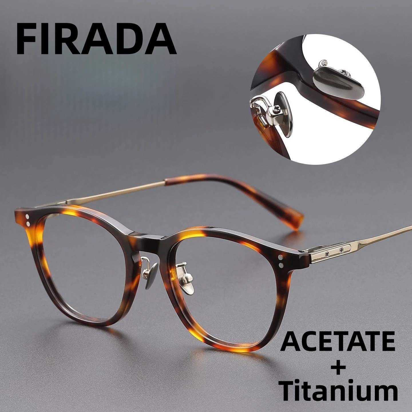 Фото FIRADA 2026 Новые модные ретро-очки из чистого титана, деловые ацетатные очки, роскошная квадратная оправа для мужчин и женщин T05-C №1