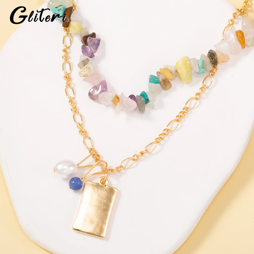 

GEITERI Fashion Double Layer Square Brand Bead Element Pendant Necklaces Geometric Creative Natural Gravel Necklace Jewelry Gift