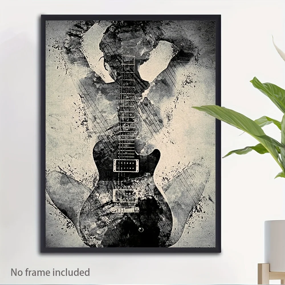 Женская картина тушью с яркой гитарой - безрамное холст современный черно-белый