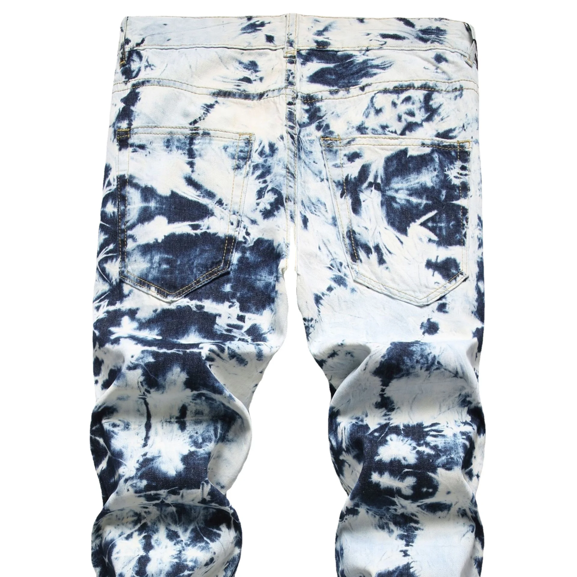 Ice Blue Printed Jeans Men Light Fried Snowflake Tie Dye Hole Pure Cotton Soft Trendy Trousers High Street Stretch For Youth 023
