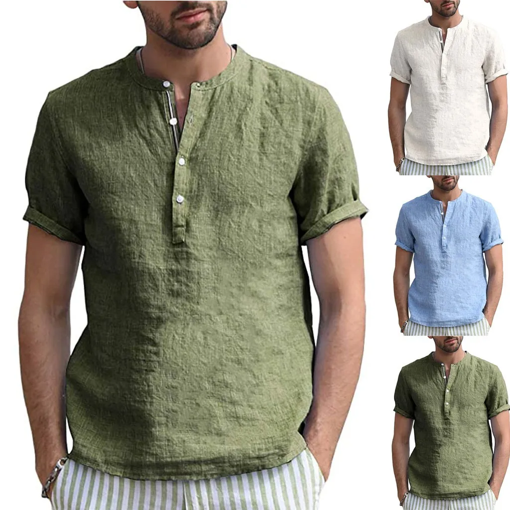 

Men Home Color Button Linen Solid Short Sleeve Retro Street Wear Blouse Tops For Spring Autumn Breathable Social dress shirt