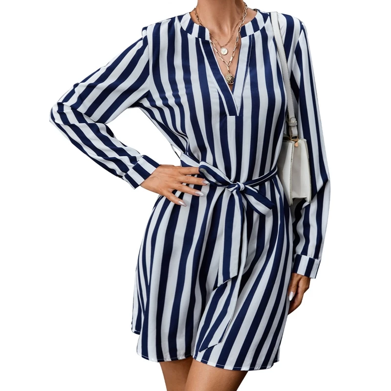 

41QC Women Autumn Long Sleeve Sexy V-Neck Mini Dress with Belt Vertical Striped Print Casual Loose A-Line Flare Hem Cocktail