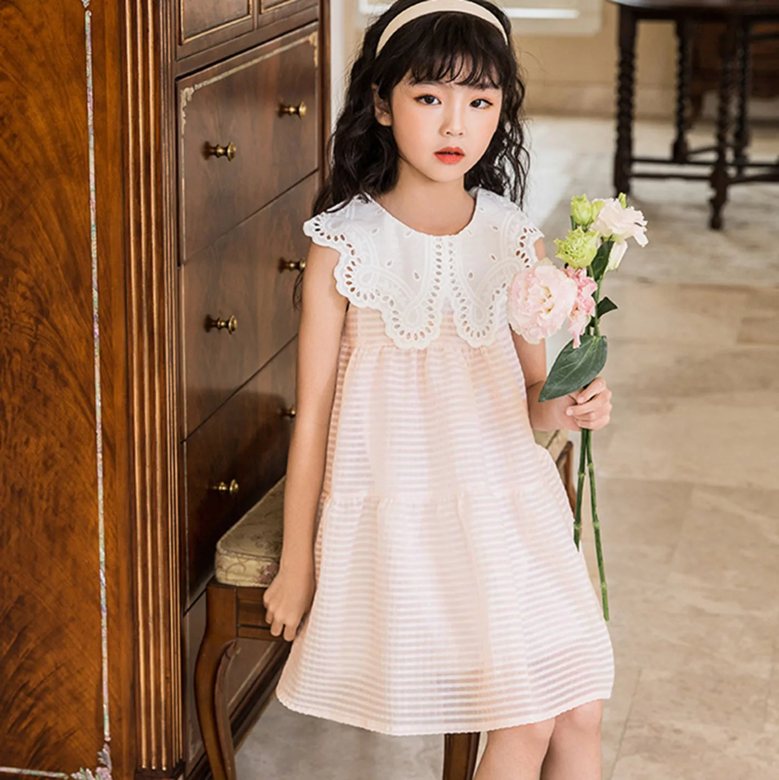 

2-13 Years Kids Children's Girls Summer Sleeveless Dresses Pink And White Striped Dress Party Cute Crew Neck Princess Dress