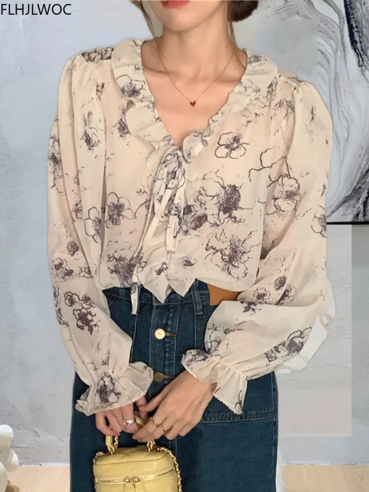 

Hot Sales Japan Korean Design Tops Basic Wear Womens Flare Sleeve Floral Chiffon Sweet Date Lady Ruffled Bow Tie Blouse Shirts