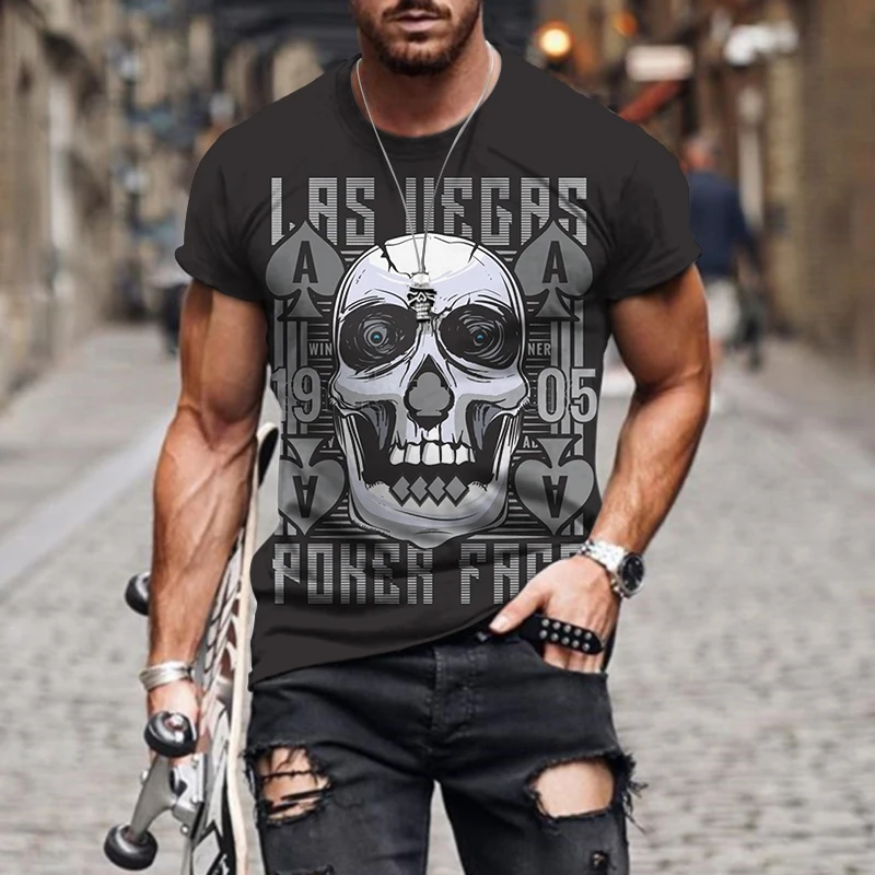 

Summer New Mens T Shirt Skull Printed Casual Oversized Short Sleeve Clothes For Men Streetwear Trend Retro 3D Printing Top Tees