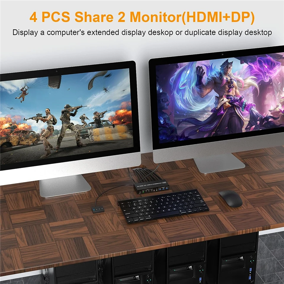 Фото MZX 4-портовый KVM-переключатель с поддержкой HDMI, USB 3.0, 4X2, для двух мониторов, 4K@60Hz, расширение DP, 4 входа 2 выхода, для совместного использования клавиатуры и мыши 4 компьютерами. №5