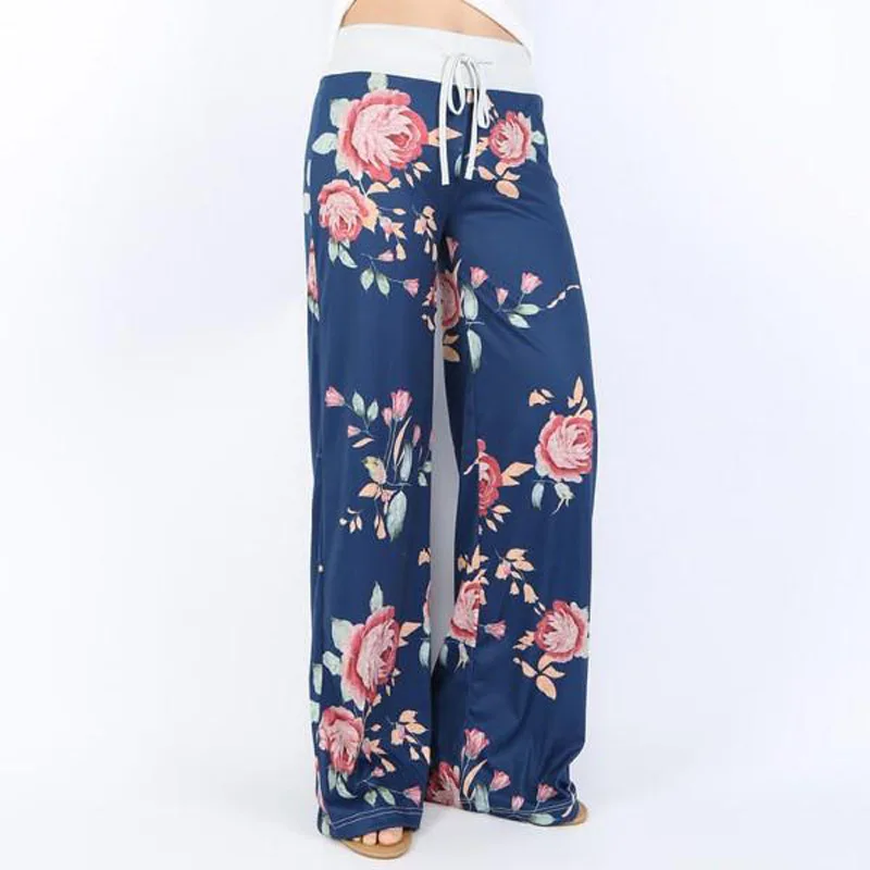 Women's Casual Long Pants Lace Up Floral Printing Black Daily Wide Leg Pants Loose Mop Pants Fashion Spring Summer And Autumn