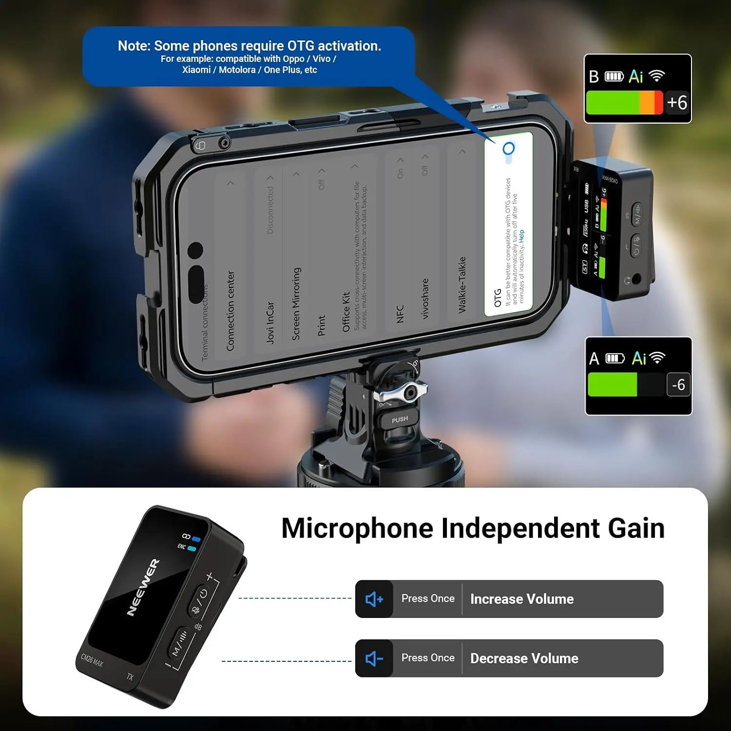 Фото Беспроводной петличный микрофон NEEWER CM26 MAX AI, совместимый с iPhone 17, 16, 15, Android-камерами, ПК, USB-C, Plug & Play, управление через приложение №3