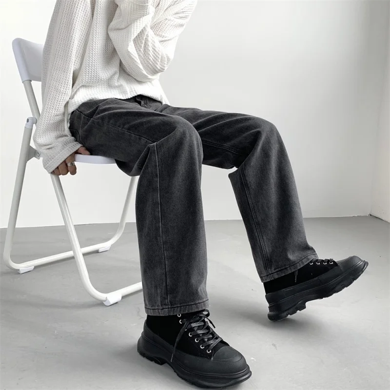 Korean Blue/Black Jeans Men Fashion Casual Baggy Wide-leg Jeans Men Streetwear Loose Hip-hop Straight Denim Pants Mens Trousers