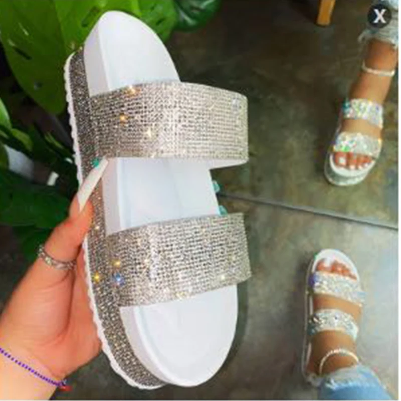 

2022 Summer Slippers Footwear Crystal Rhinestone Slippers Platform Plus Size 43 Women's Platform Sandals One Word Beach Slippers