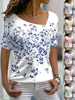 womens floral theme painting t shirt rose floral print v neck basic tops short sleeve t shirt xs 8xl3d printing