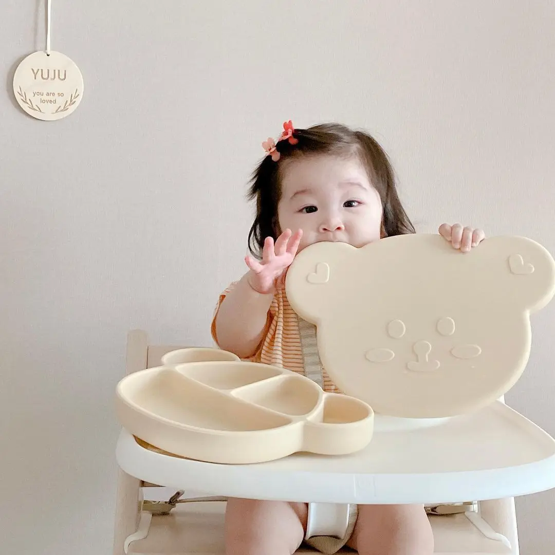 

Baby Dinner Plate Silicone Bear Shaped Grid Dinner Plate Suction Cup Type Anti Tipping Easy Clean Kid Complementary Food Bowl