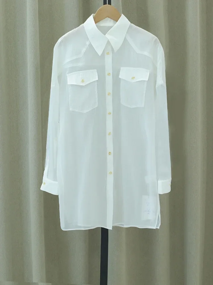 

Женская Однотонная рубашка с отложным воротником, однобортная Повседневная тонкая Солнцезащитная рубашка с длинными рукавами и цепочкой из бисера, весна-лето 2022