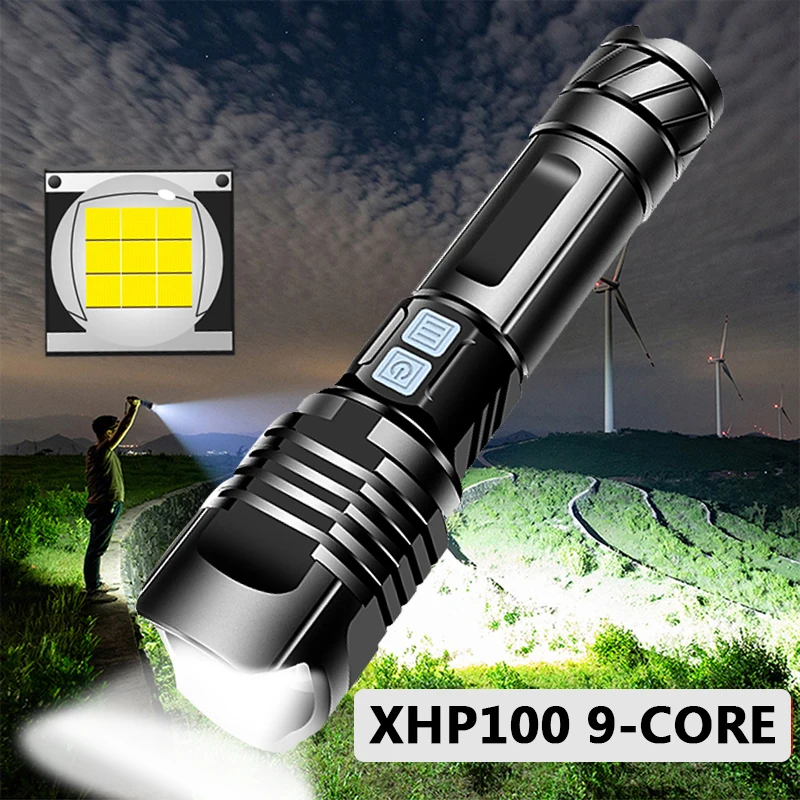 

Светодиодный фонарик XHP100, 9 ядер, высокое качество, Мощный тактический XHP70.2 масштабируемый фонарик, Usb Перезаряжаемый 18650 26650, фонарь