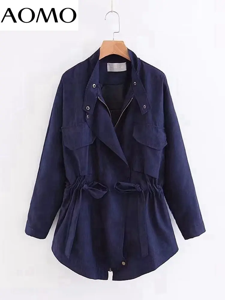 

AOMO Women Loose Trench Coat Waist Adjust Elegant Female Outwear Windbreak 5T43A