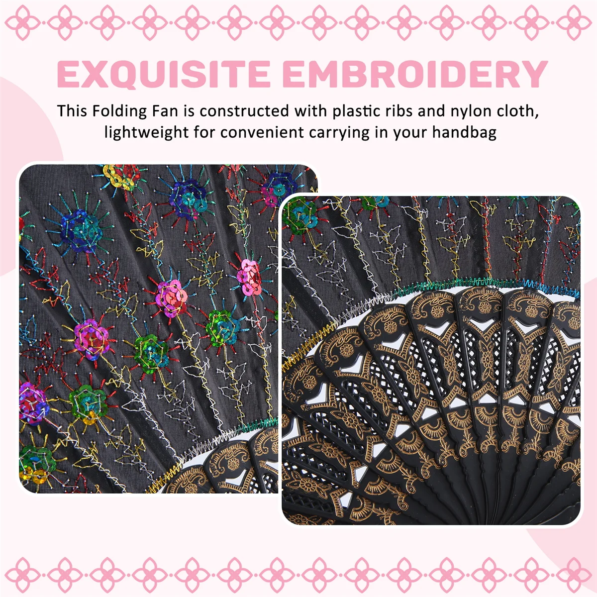 SODIAL(R) цветной Вышитый цветочный узор черный тканевый складной веер для женщин
