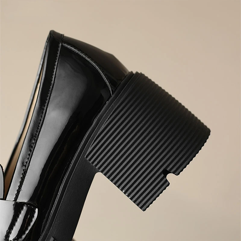 New Spring Black Apricot Round Toe Mid Heeled Leather Punk Women Retro Loafers Casual Shoes