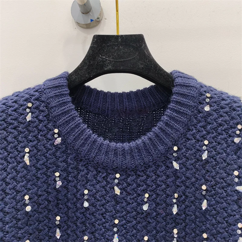 Женский свитер Новинка осени 2024 пуловер с круглым вырезом и бусинами эластичный