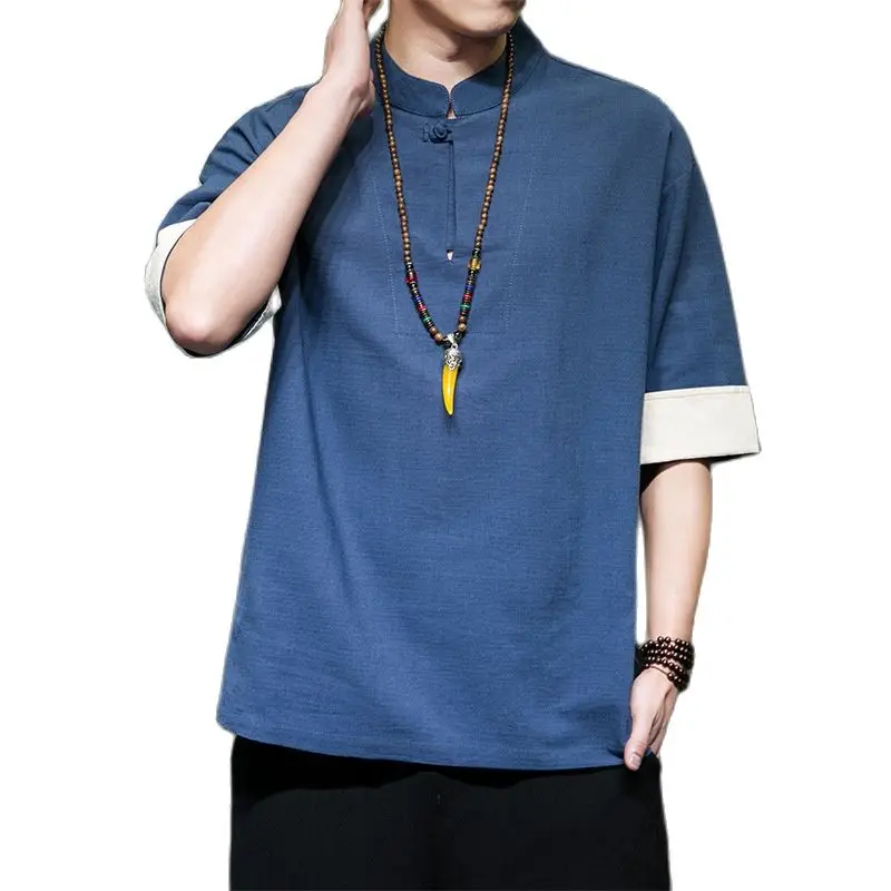 

Chinese Style Mens Shirts Summer Half Sleeve Tradition Mandarin Collar Tang Suit Retro Casual Cotton Linen Kungfu Hanfu Tops 5XL