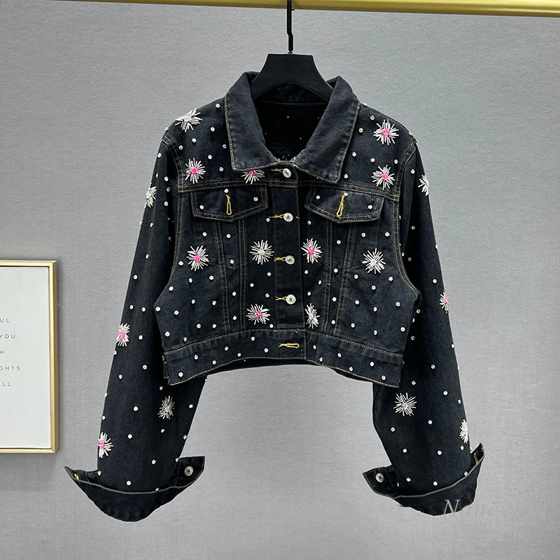 

Fashion Denim Jacket for Women Trendy Fall Clothes 2022 New Ins Exquisite Rhinestone Short Coat Top Jaqueta Jeans Feminina