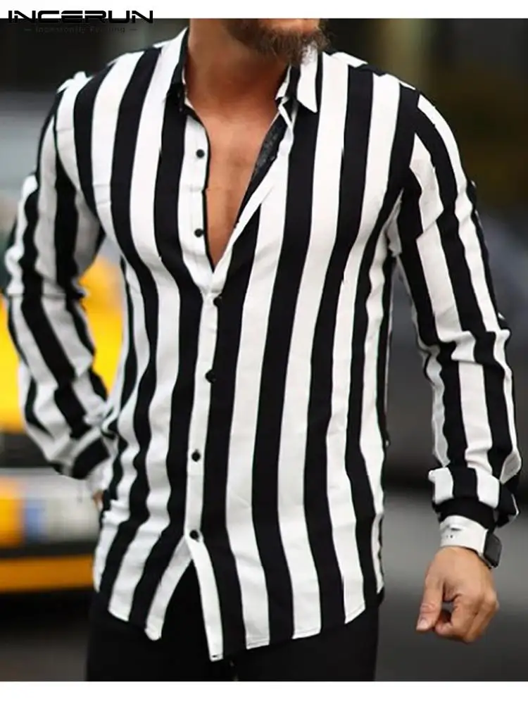 

INCERUN Fashion Men Striped Shirt Brand Streetwear Lapel Long SLeeve Button Casual Men Clothing 2022 Stylish Leisure Camisas 3XL