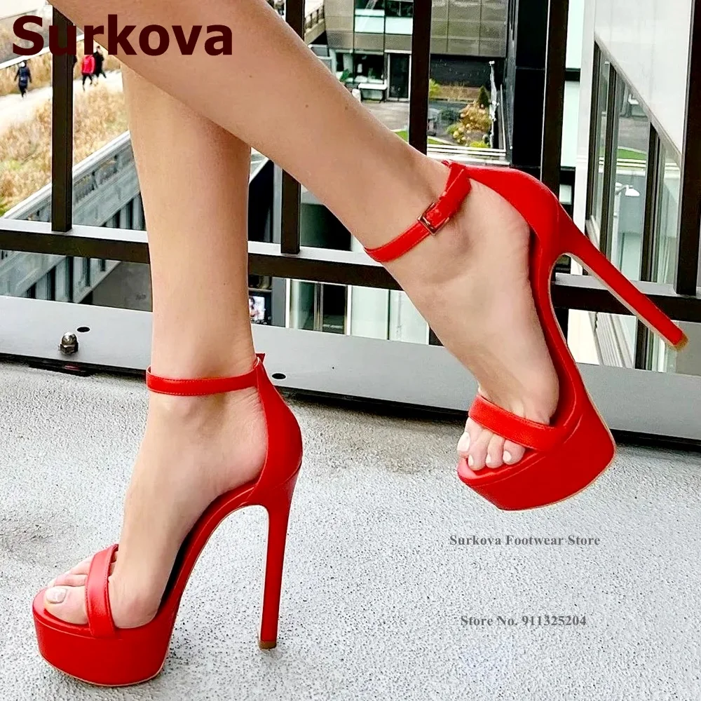 

Surkova Red Green Purple Matte Stiletto Sandals Platofm Single Band Dress Shoes Concise Ankle Buckle Strap High Heel Pumps US14