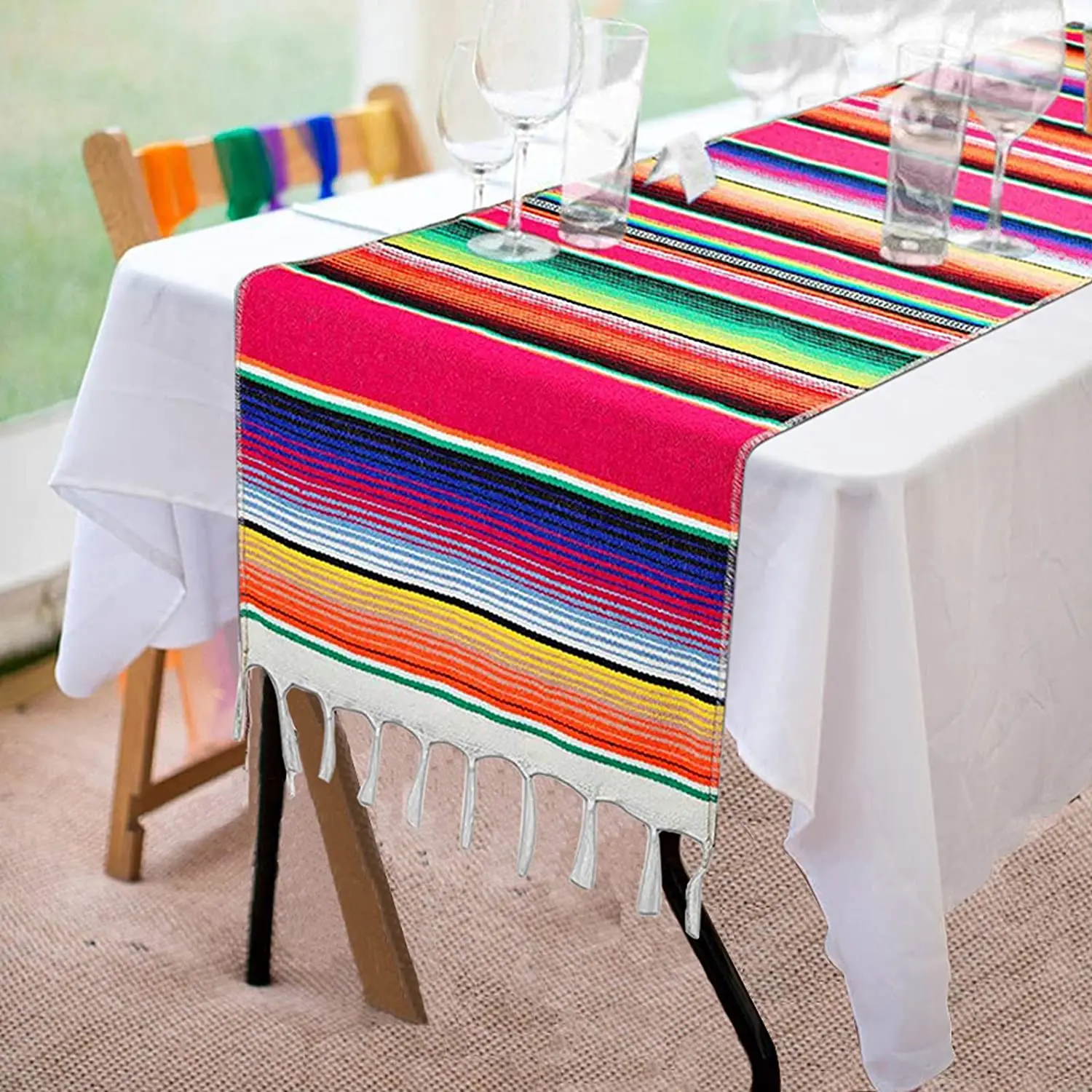 

Mexican Tablecloth Rainbow Table Runner Mexican Serape Table Runner for Mexican Party Wedding Decor, Fringe Cotton Table Runner