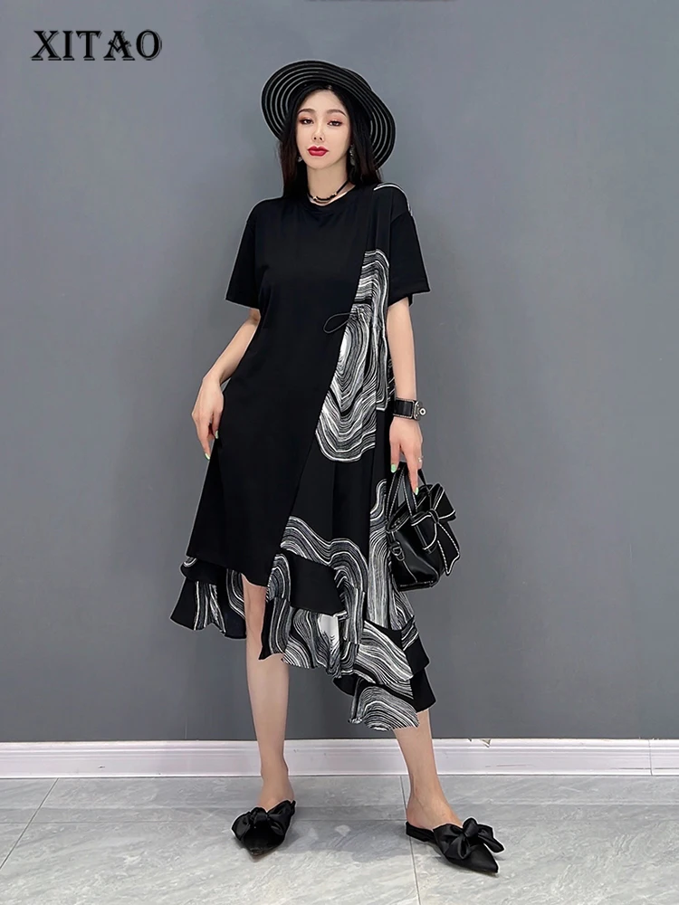 

XITAO Asymmetrical Print Dress Loose Fashion Contrast Color Patchwork Draw String Chiffon Hem Summer New T-shirt Dress WMD6907