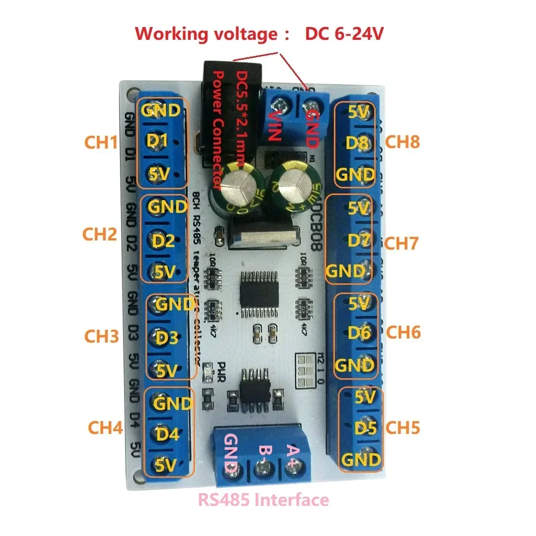 R4DCB08 8-канальный DC 12 В DS18B20 RS485 Датчик температуры Монитор удаленного сбора данных