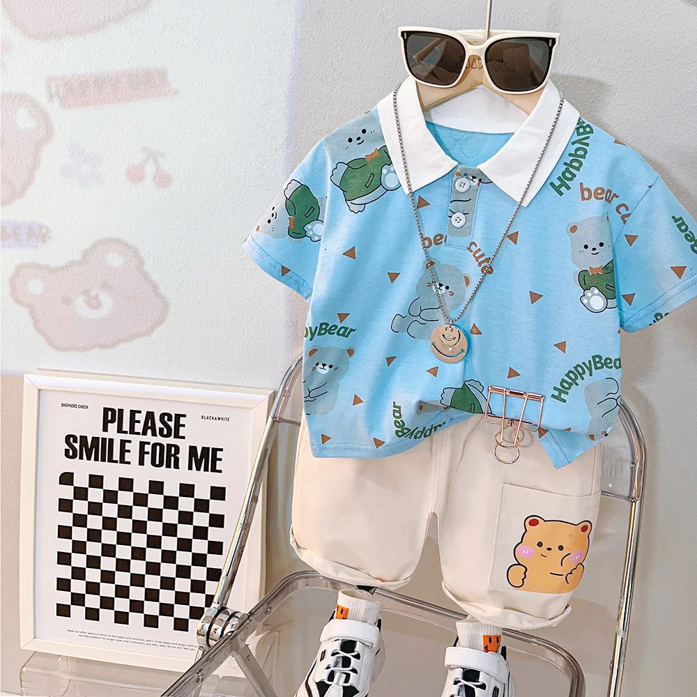 Boys summer suit 2023 new children's summer front shirt letter bear short sleeve summer three-year-old baby tide