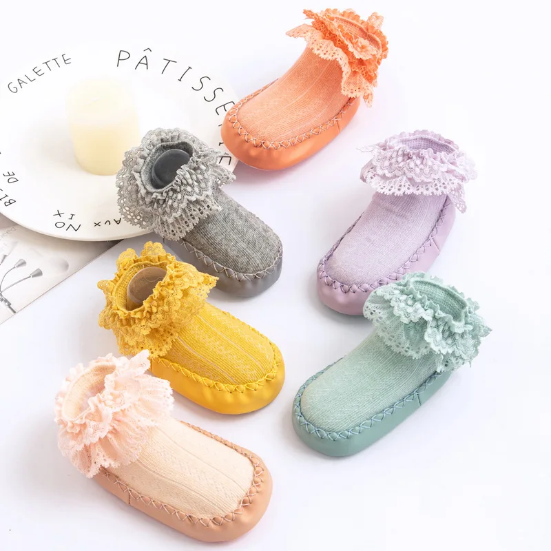 Baby Anti Slip Leather Sock Shoes Child Boots Newborn Infant Toddler Girl Spring Cotton Lace Crib Shoes First Walker