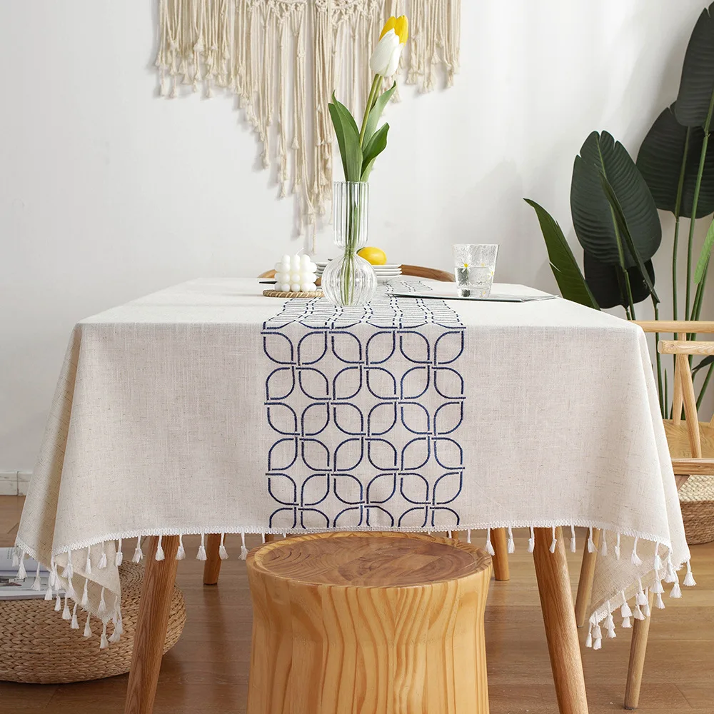 

Tablecloth Embroidery Four-Leaf Clover Tassel Cotton Linen Rectangular Dustproof Coffee Table Cloth Cover Towel Home Decoration