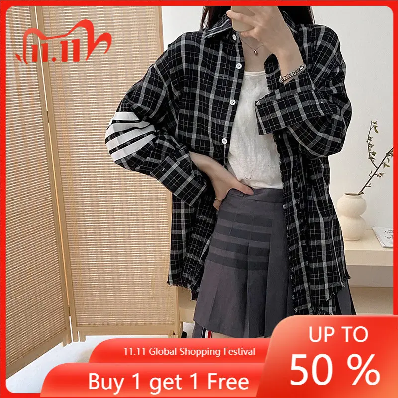 

TB Cotton Linen~black and White Plaid Four Stripes Versatile Casual Loose Sleeved Shirt Coat Women's Sunscreen Clothing