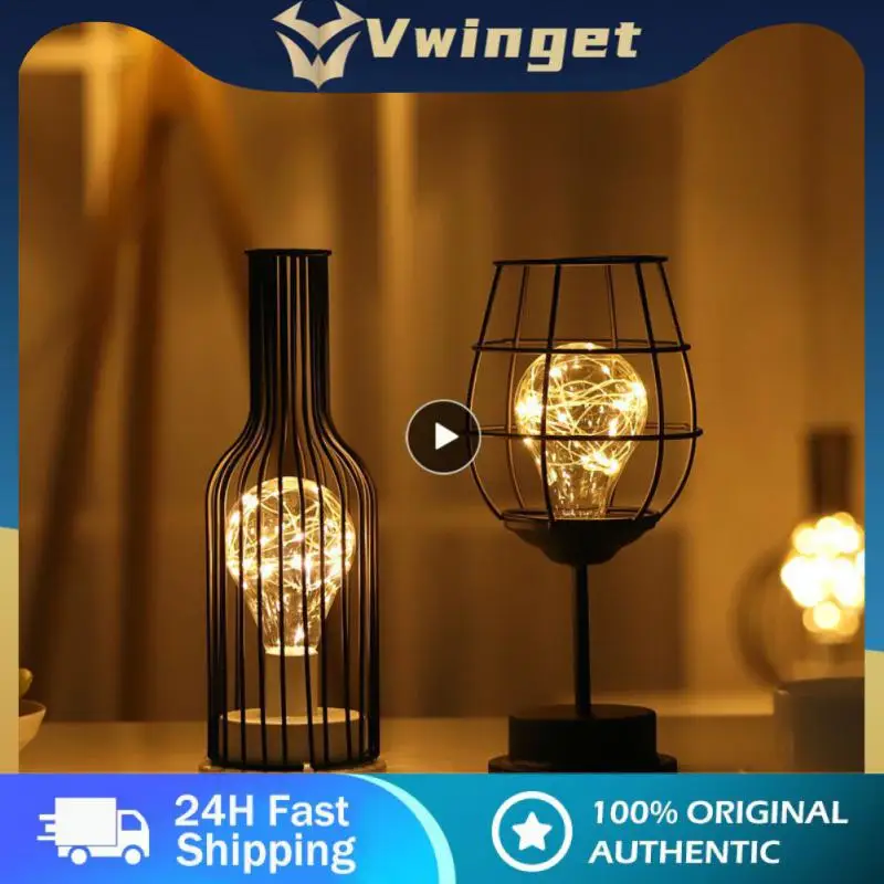 

LED Copper Wire Wrought Iron Lamp Creative Red Wine Glass Wine Bottle Modeling Night Light Romantic Room Bedroom Decorative