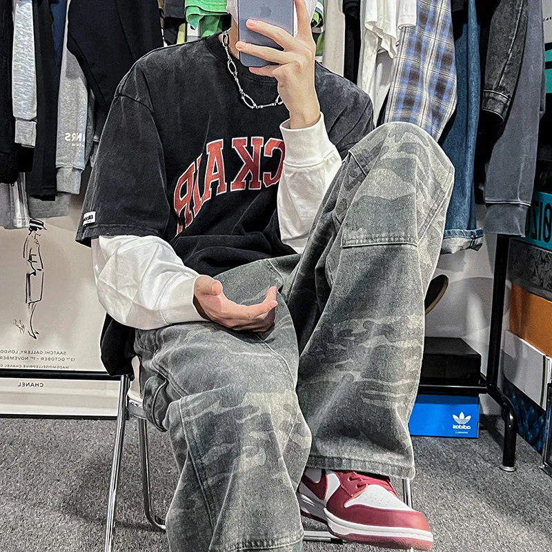 Camo Jeans Men Fashion Retro Casual Straight Baggy Jeans Men Streetwear Hip Hop Loose Cargo Jeans Mens Camouflage Trousers S-2XL