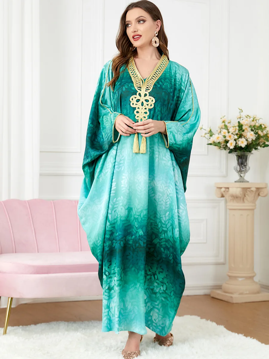

New Printed Abaya for Women Batwing Sleeve Embroidery Appliques Muslim Party Long Dress Eid Ramadan Islamic Dubai Morocan Kaftan