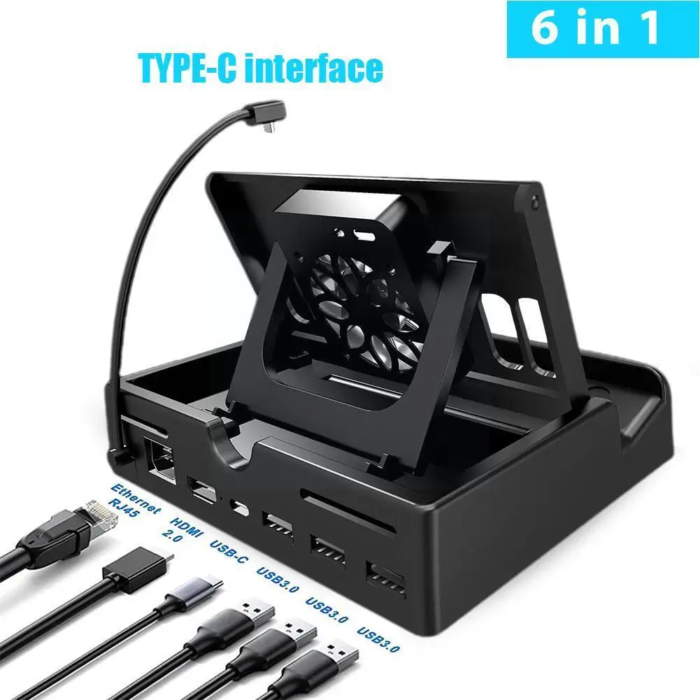 

For Steam Deck Docking Station Projection Base Stand With HDMI-compatible Cooling USB-C USB Fan Hub 1 3.0 HUB RJ45 In 6 P6O2