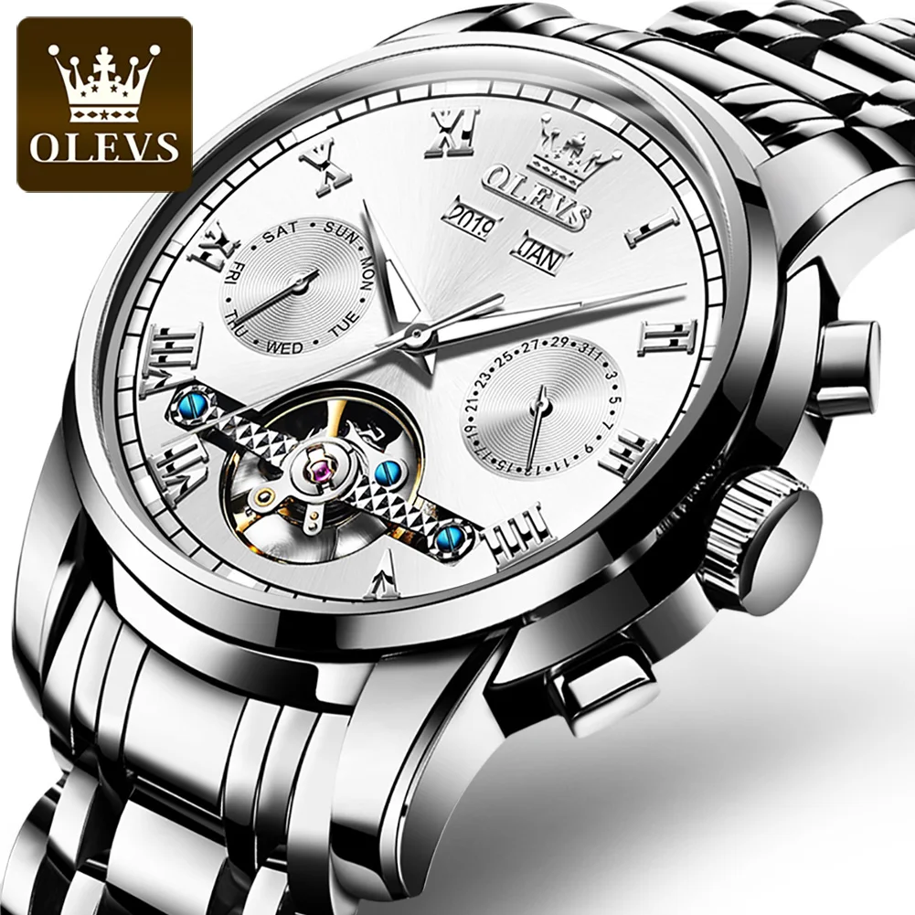 Новые роскошные мужские механические наручные часы OLEVS из нержавеющей стали GMT