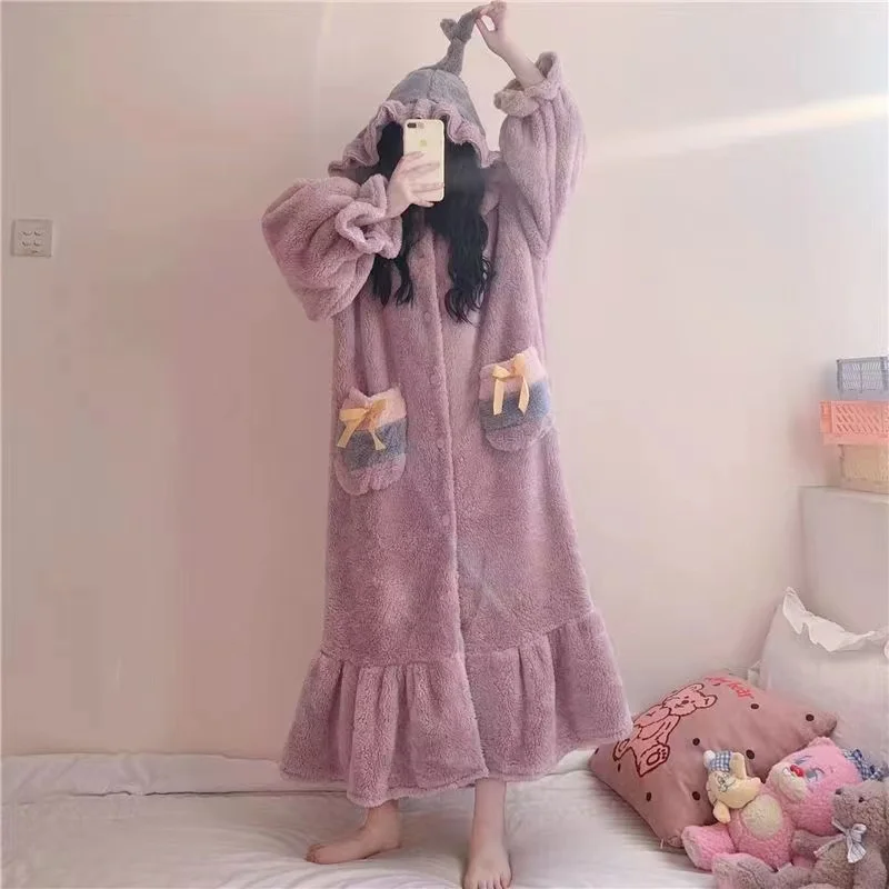 New Autumn And Winter Nightgown Hooded And Thickened Outwardly Wearing Household Clothes
