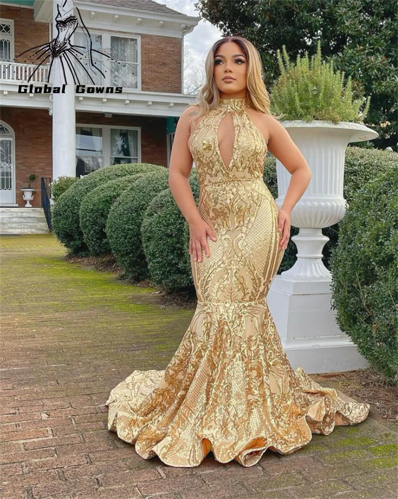 

Luxury Halter Mermaid Evening Dress Appliques Birthday Party Gowns Arabic Nigeria Cut Out Gown Robe De Soirée Femme