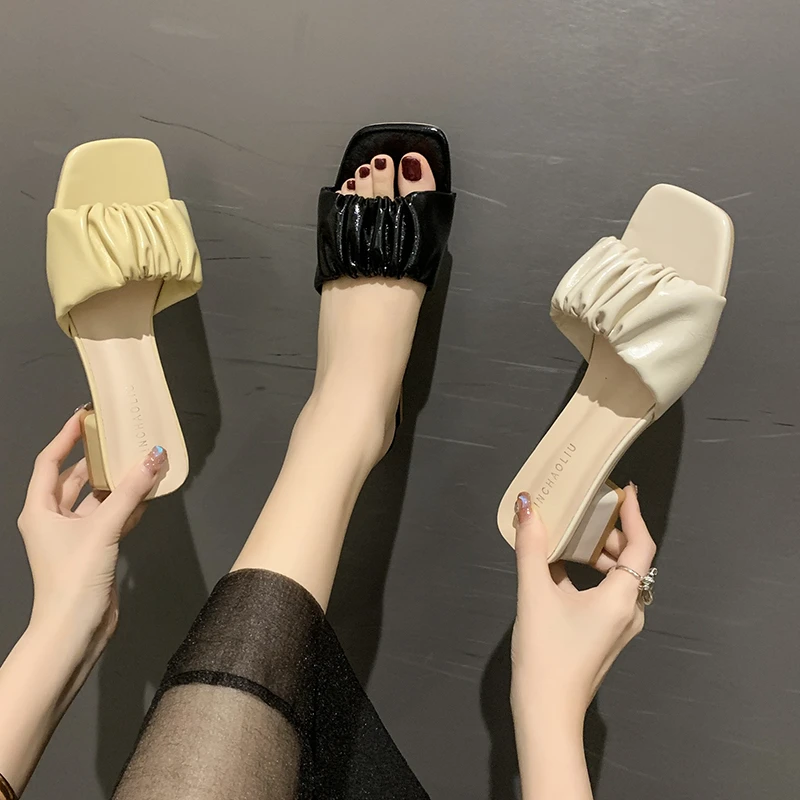 

Женские шлепанцы на квадратном каблуке, туфли-лодочки из искусственной кожи на среднем каблуке, роскошные римские туфли на резиновой подошве, обувь на среднем каблуке, 2022