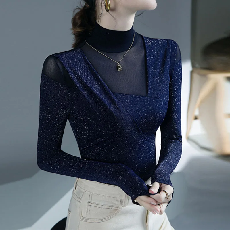 

Женская Блестящая Сетчатая футболка с длинным рукавом, сезон осень-зима 2022, Прозрачные топы, однотонные женские сексуальные водолазки, пуло...