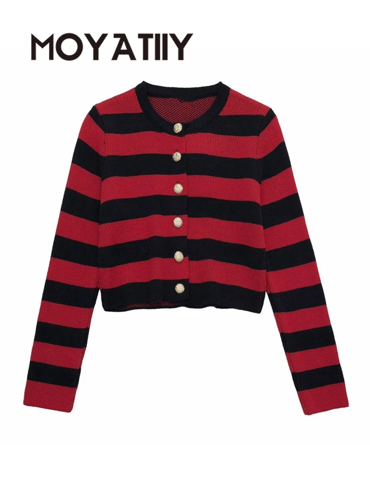 

MOYATIIY Women 2022 Fashion Winter Cardigan Striped Golden Buttons Crop Knit Cardigan Sweaters Vintage Long Sleeve Female Tops
