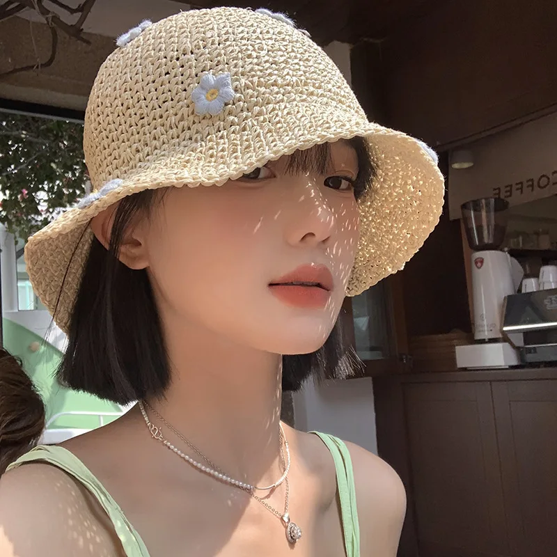 

Korean Version Flower Straw Bucket Hat Women's Summer Breathable Sunshade Fisherman Hats Beach Vacation Foldable Tide Sun Cap